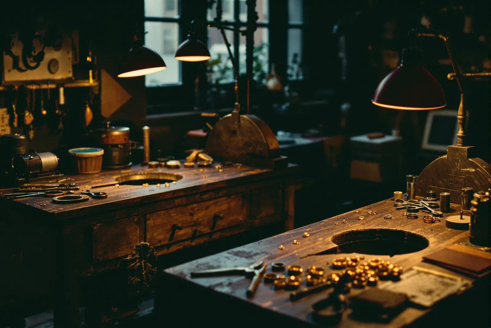 Two jeweller's benches side by side in the evening studio, lamps pooling warm light