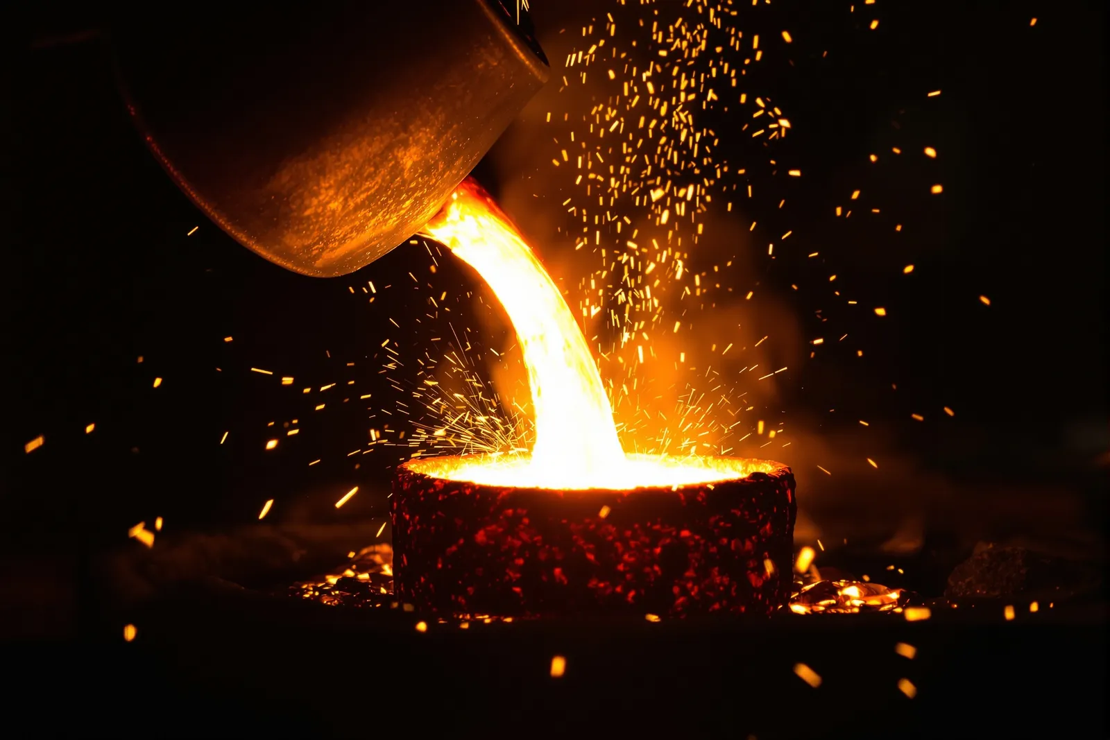 Molten gold pouring from a crucible in the dark workshop