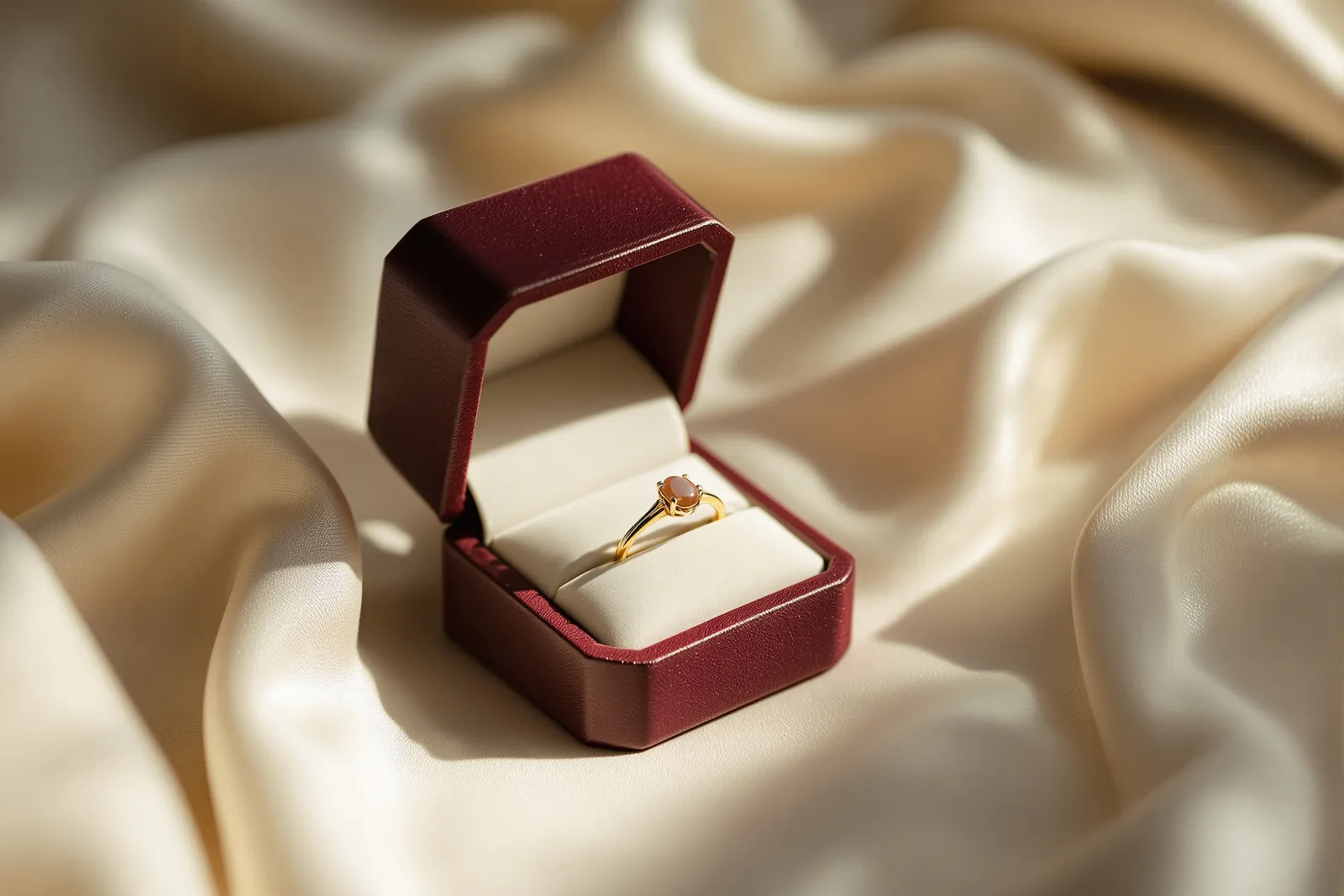 A small leather ring box, just opened, on a pool of ivory silk