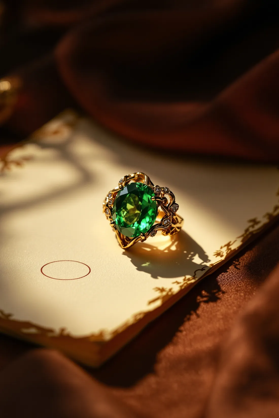 A sculptural gold ring with an emerald resting on a design sketch