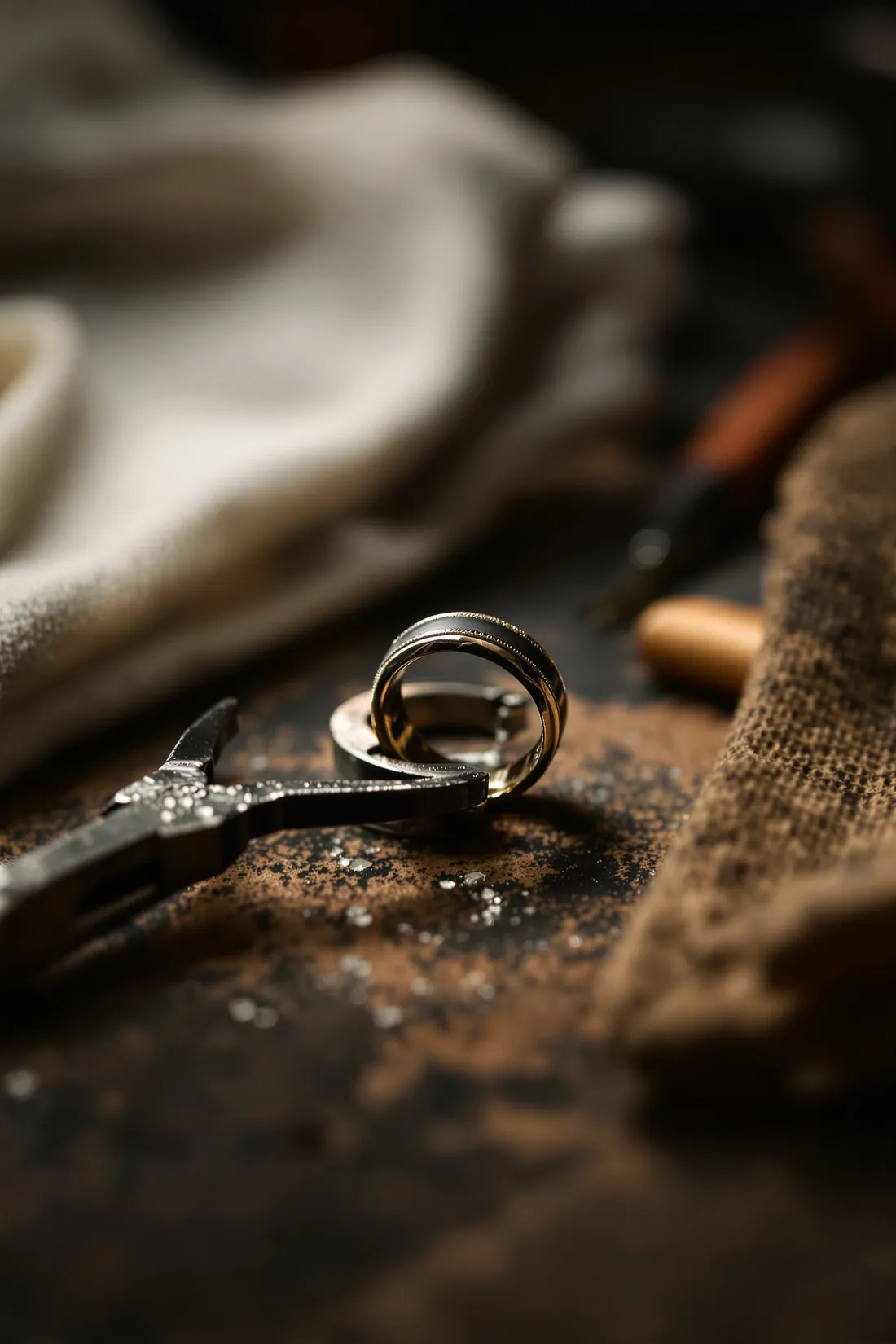 A worn wedding band held gently in a ring clamp beside fine tools