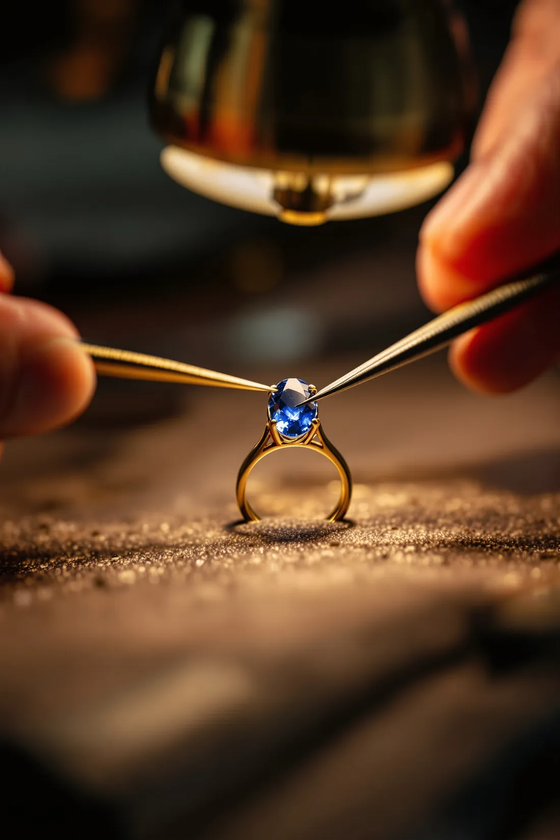 A sapphire held in tweezers above a gold ring, ready to be set