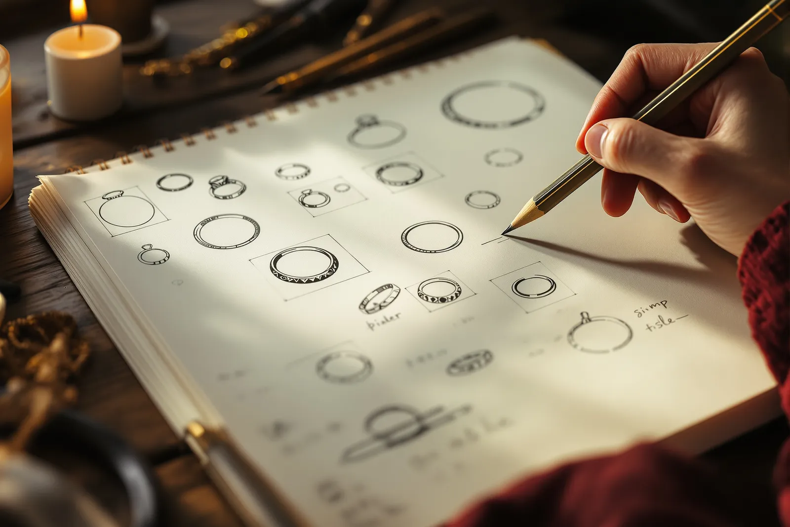 Pencil sketches of ring designs filling a page of Danielle's sketchbook