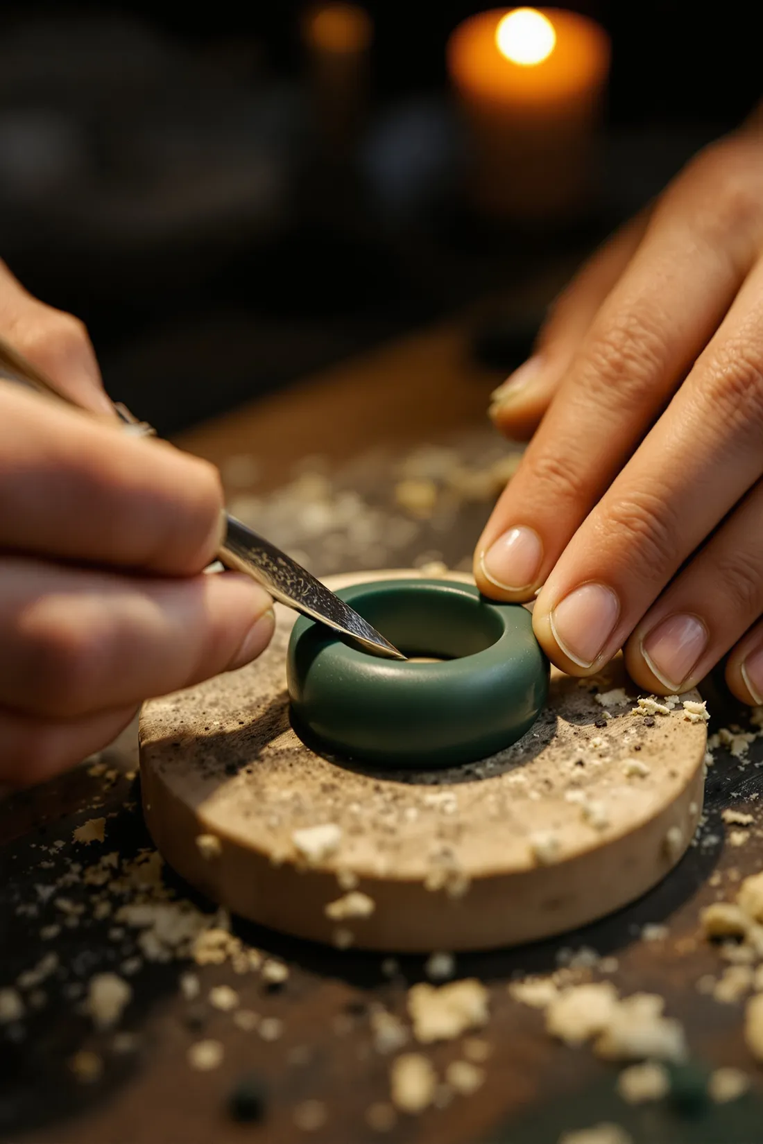Hands carving a smooth green wax ring model at the bench